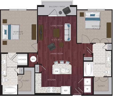 A floor plan of an apartment with a living room, dining room, kitchen, and bedrooms.
